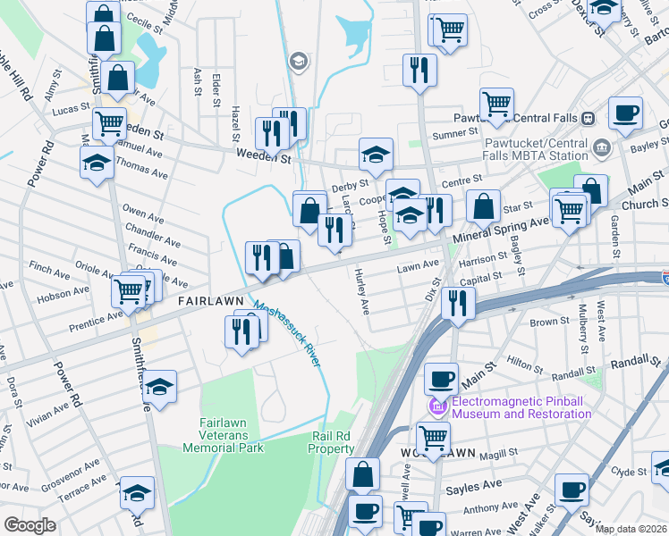map of restaurants, bars, coffee shops, grocery stores, and more near 459 Mineral Spring Avenue in Pawtucket
