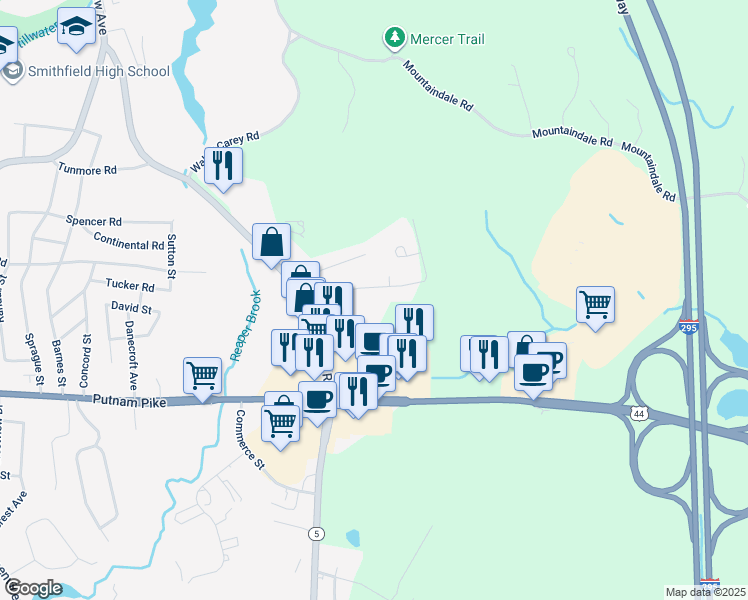 map of restaurants, bars, coffee shops, grocery stores, and more near 12 Apple Valley Parkway in Smithfield