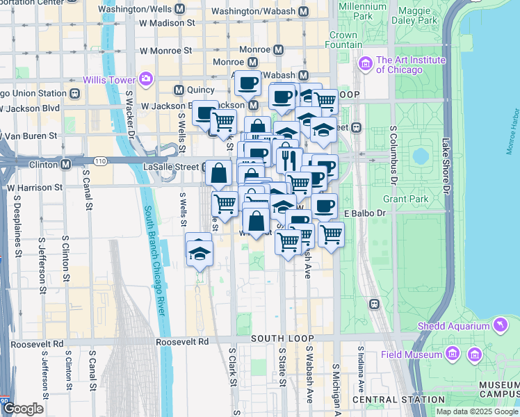 map of restaurants, bars, coffee shops, grocery stores, and more near in Chicago
