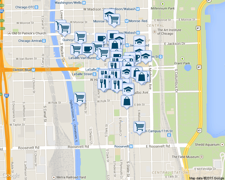 map of restaurants, bars, coffee shops, grocery stores, and more near 600 South Federal Street in Chicago