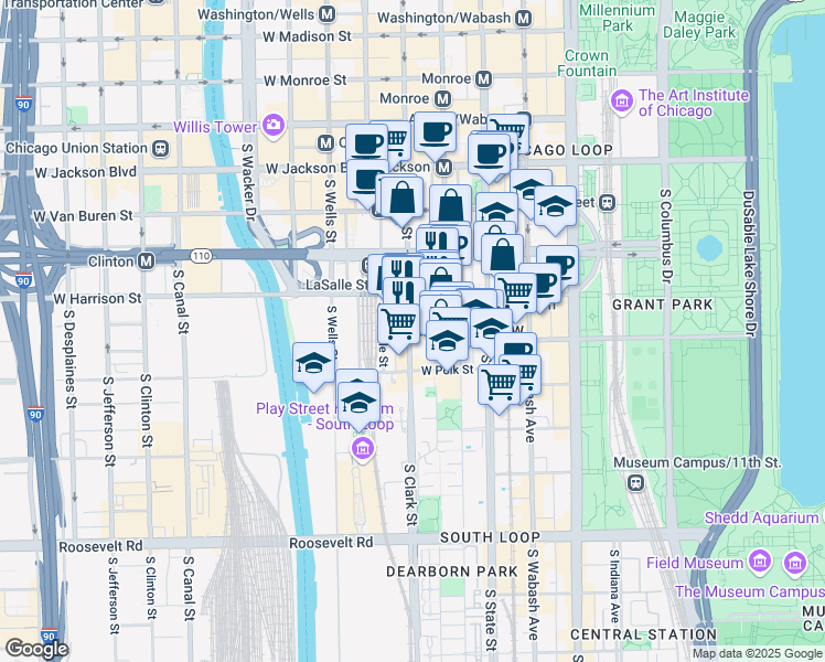 map of restaurants, bars, coffee shops, grocery stores, and more near 600 South Federal Street in Chicago