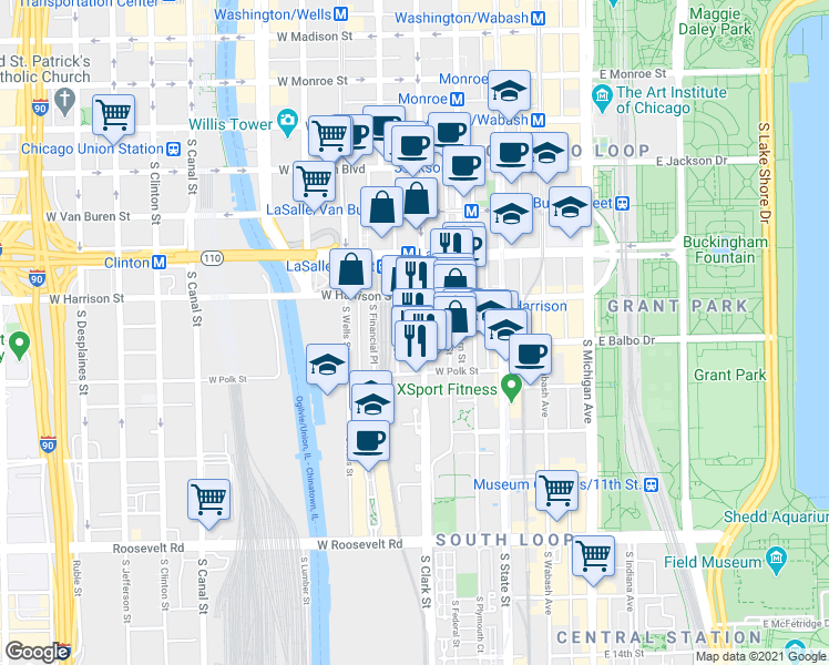 map of restaurants, bars, coffee shops, grocery stores, and more near 619 South LaSalle Street in Chicago