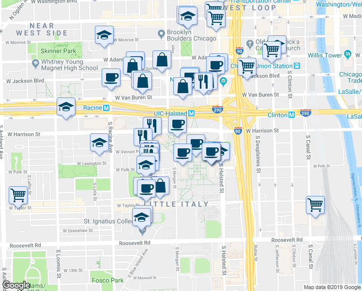 map of restaurants, bars, coffee shops, grocery stores, and more near in Chicago
