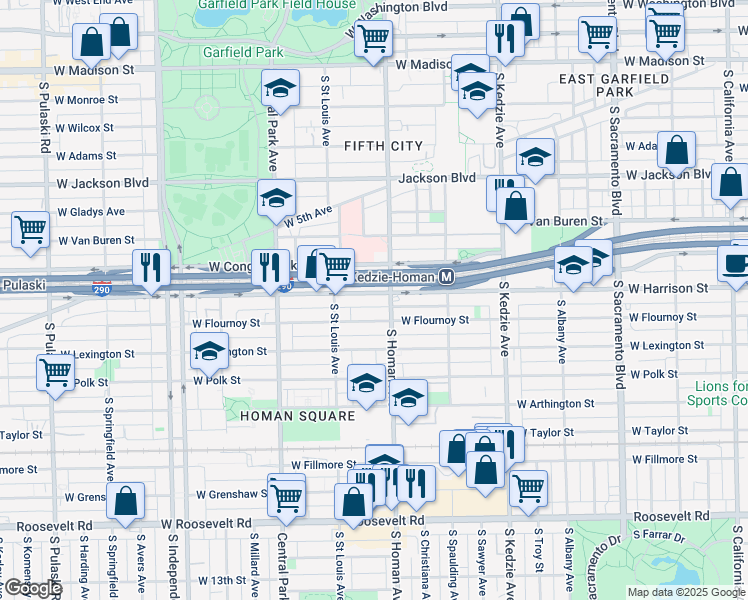 map of restaurants, bars, coffee shops, grocery stores, and more near 512 South Homan Avenue in Chicago