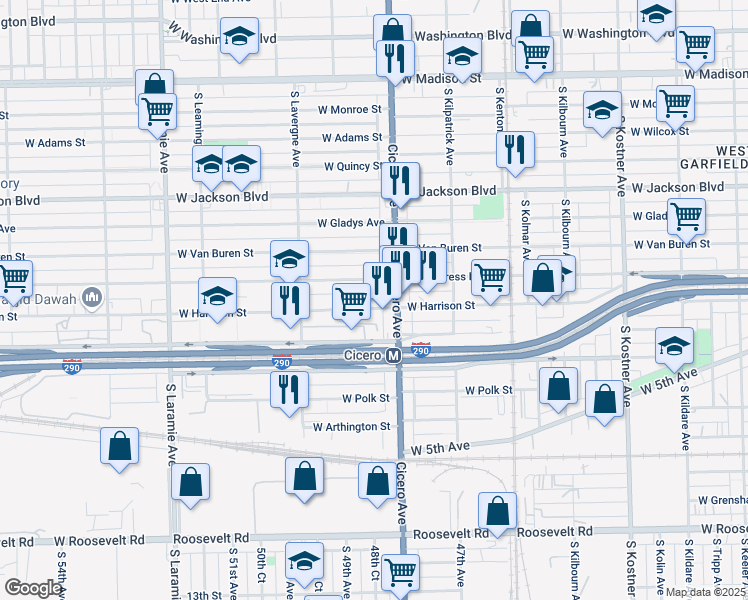 map of restaurants, bars, coffee shops, grocery stores, and more near 4807 West Congress Parkway in Chicago