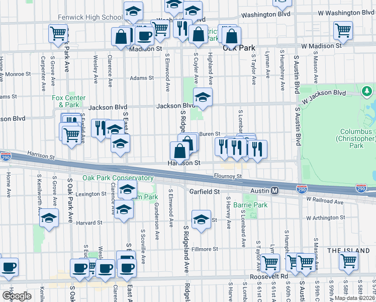 map of restaurants, bars, coffee shops, grocery stores, and more near 811 South Ridgeland Avenue in Oak Park
