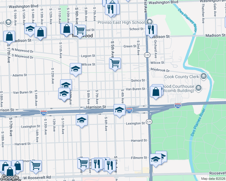 map of restaurants, bars, coffee shops, grocery stores, and more near 1610 South 5th Avenue in Maywood