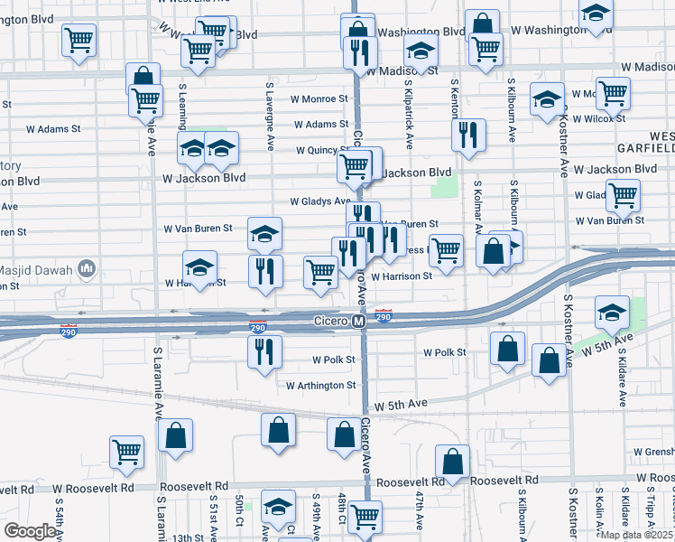 map of restaurants, bars, coffee shops, grocery stores, and more near 4807 West Congress Parkway in Chicago