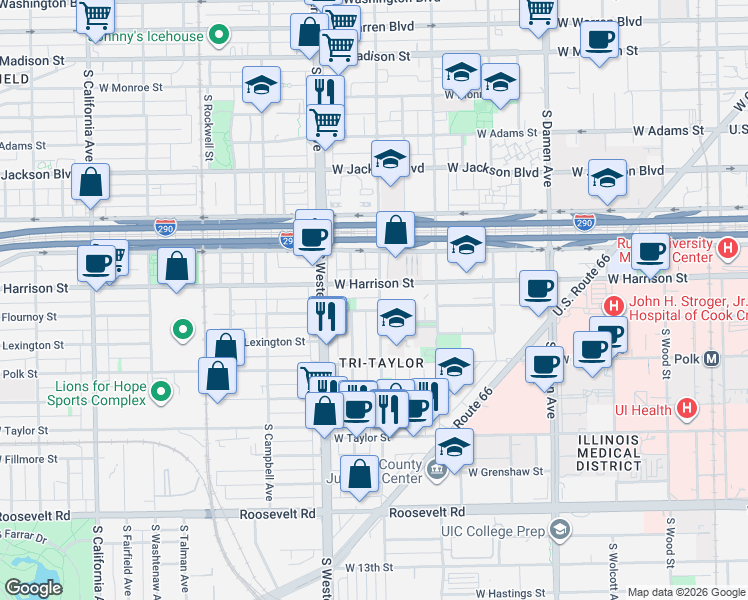 map of restaurants, bars, coffee shops, grocery stores, and more near 2304 West Harrison Street in Chicago
