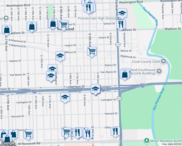 map of restaurants, bars, coffee shops, grocery stores, and more near 1513 South 5th Avenue in Maywood