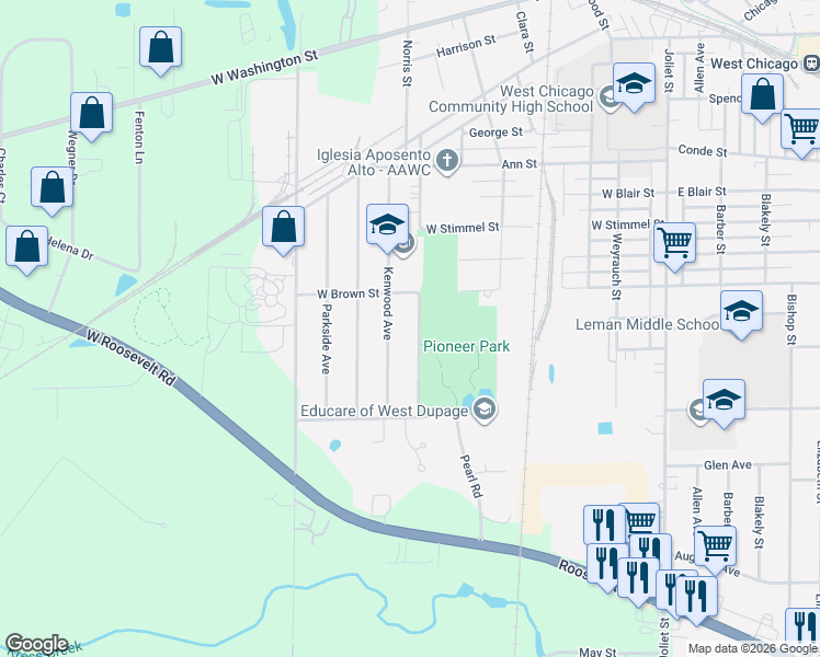 map of restaurants, bars, coffee shops, grocery stores, and more near 711 Kenwood Avenue in West Chicago