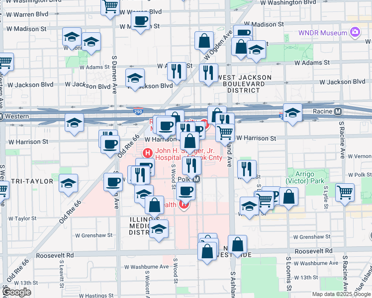 map of restaurants, bars, coffee shops, grocery stores, and more near 1725 West Harrison Street in Chicago