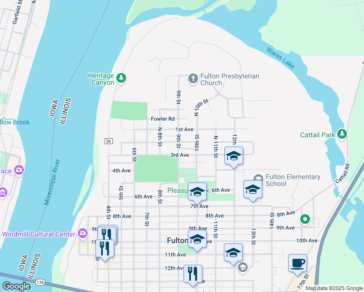 map of restaurants, bars, coffee shops, grocery stores, and more near 105 9th Street in Fulton