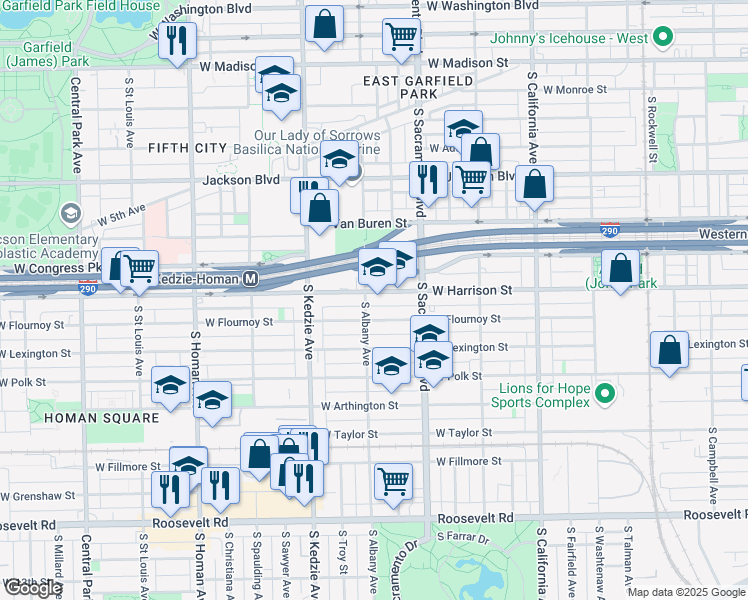 map of restaurants, bars, coffee shops, grocery stores, and more near 3100 West Harrison Street in Chicago