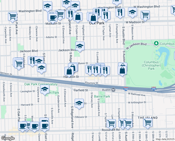 map of restaurants, bars, coffee shops, grocery stores, and more near in Oak Park