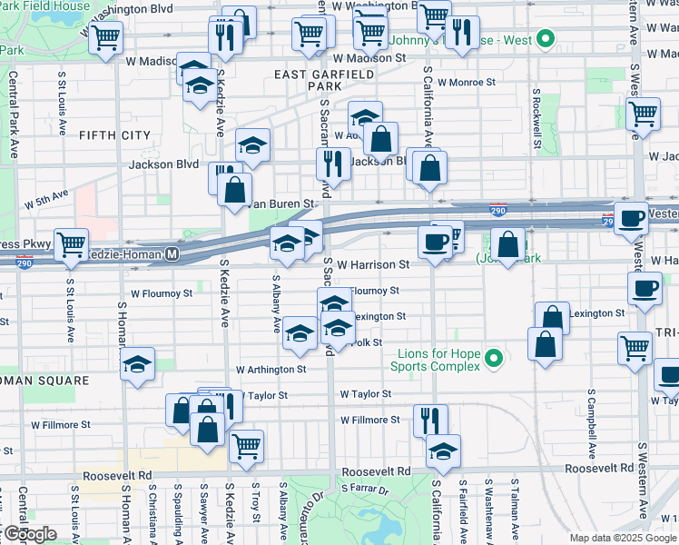 map of restaurants, bars, coffee shops, grocery stores, and more near 2950 West Harrison Street in Chicago