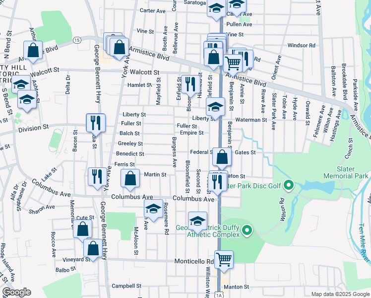 map of restaurants, bars, coffee shops, grocery stores, and more near 88 Burgess Avenue in Pawtucket