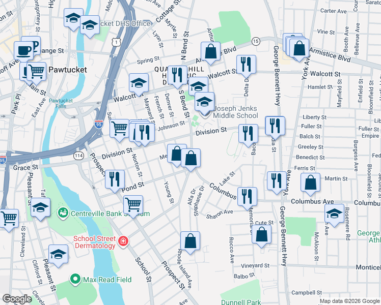 map of restaurants, bars, coffee shops, grocery stores, and more near 156 South Bend Street in Pawtucket