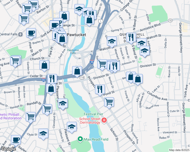 map of restaurants, bars, coffee shops, grocery stores, and more near 14 South Street in Pawtucket