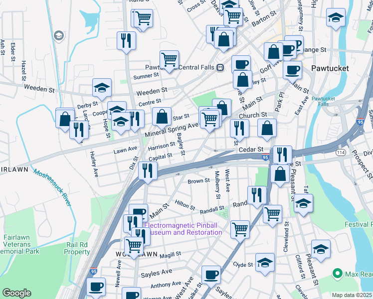 map of restaurants, bars, coffee shops, grocery stores, and more near 181 Harrison Street in Pawtucket