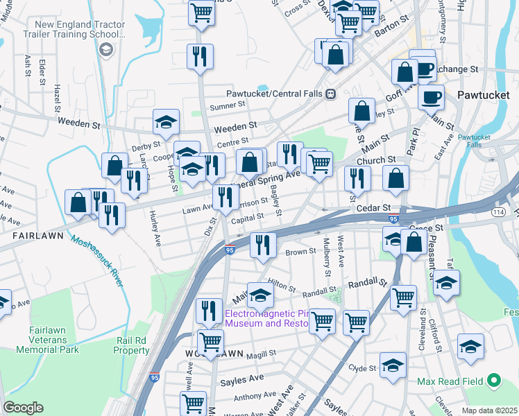 map of restaurants, bars, coffee shops, grocery stores, and more near 114 Slater Street in Pawtucket