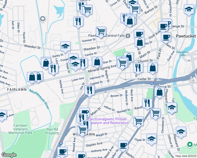 map of restaurants, bars, coffee shops, grocery stores, and more near 114 Slater Street in Pawtucket