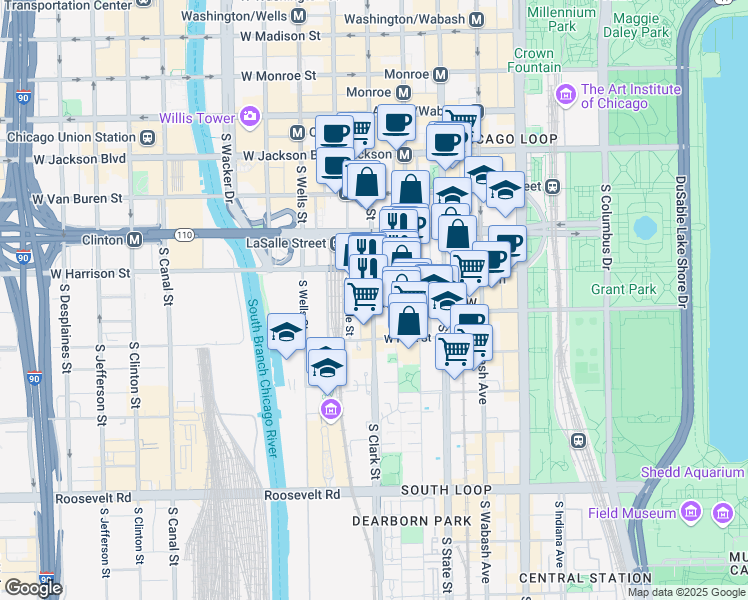 map of restaurants, bars, coffee shops, grocery stores, and more near 600 South Federal Street in Chicago