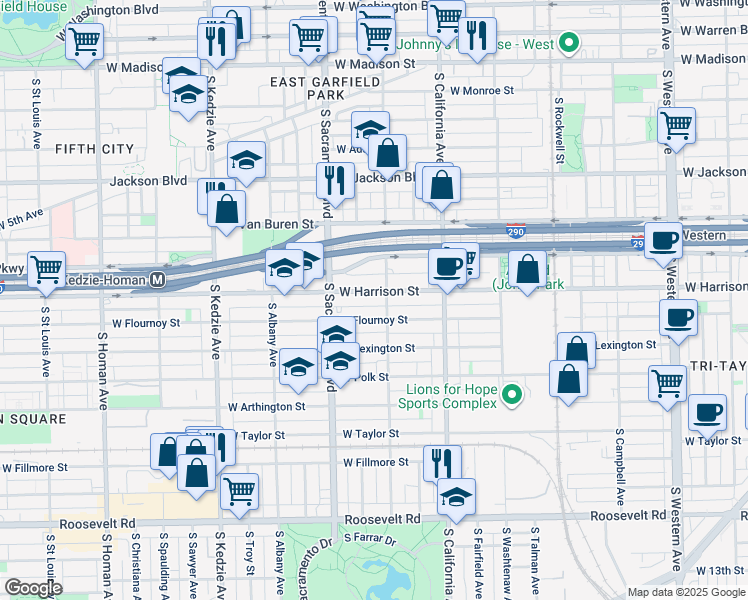 map of restaurants, bars, coffee shops, grocery stores, and more near 2910 West Harrison Street in Chicago