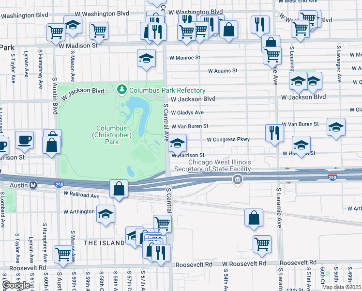 map of restaurants, bars, coffee shops, grocery stores, and more near 5548 West Congress Parkway in Chicago