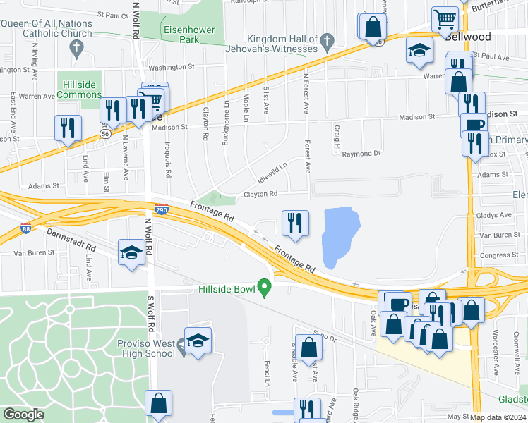 map of restaurants, bars, coffee shops, grocery stores, and more near 4512 Clayton Road in Hillside