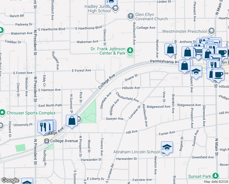 map of restaurants, bars, coffee shops, grocery stores, and more near 616 Glendale Avenue in Glen Ellyn
