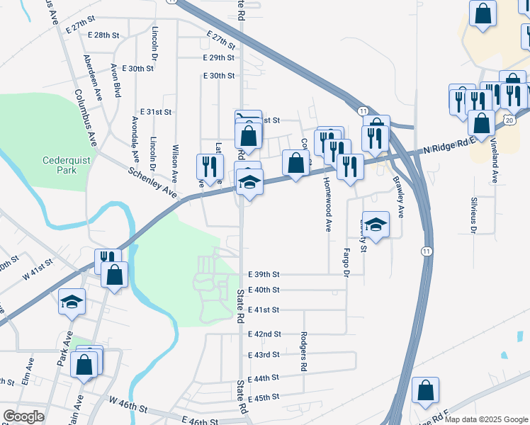 map of restaurants, bars, coffee shops, grocery stores, and more near 3436 Edgewood Drive in Ashtabula