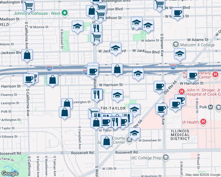 map of restaurants, bars, coffee shops, grocery stores, and more near 610 South Oakley Boulevard in Chicago