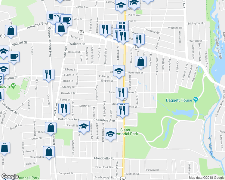 map of restaurants, bars, coffee shops, grocery stores, and more near 56 2nd Street in Pawtucket