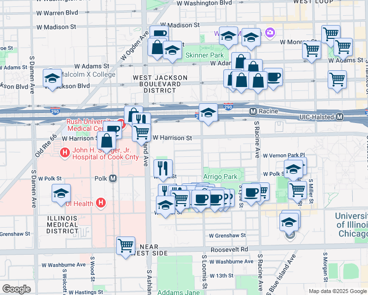 map of restaurants, bars, coffee shops, grocery stores, and more near 1438 West Flournoy Street in Chicago