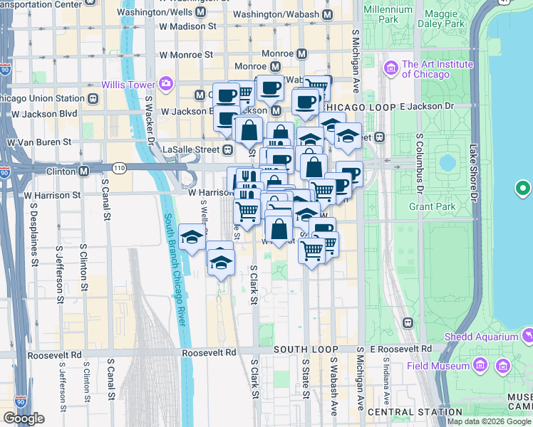 map of restaurants, bars, coffee shops, grocery stores, and more near 740 South Federal Street in Chicago