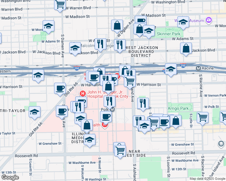 map of restaurants, bars, coffee shops, grocery stores, and more near 600 South Paulina Street in Chicago