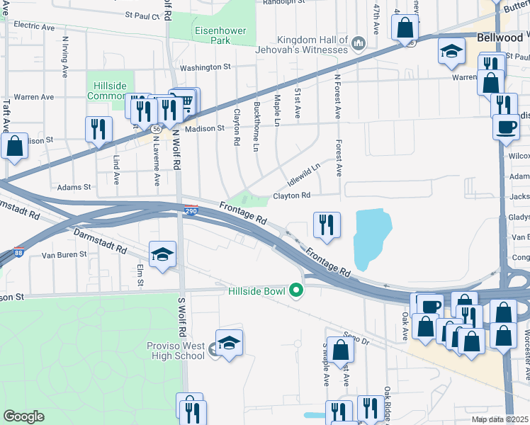 map of restaurants, bars, coffee shops, grocery stores, and more near 4600 Frontage Road in Hillside