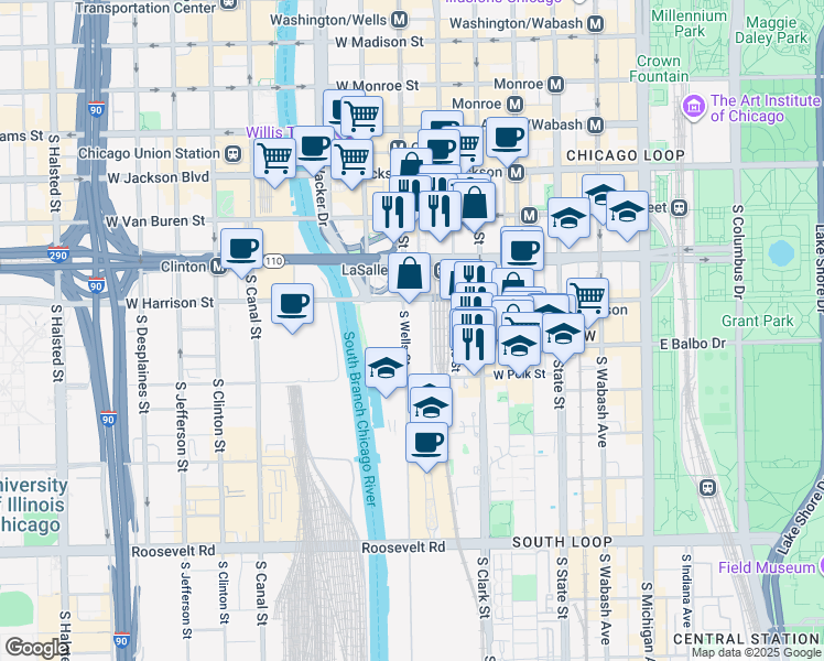 map of restaurants, bars, coffee shops, grocery stores, and more near 651 South Wells Street in Chicago