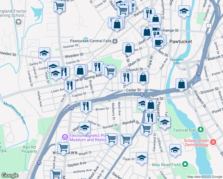 map of restaurants, bars, coffee shops, grocery stores, and more near 47 Mulberry Street in Pawtucket