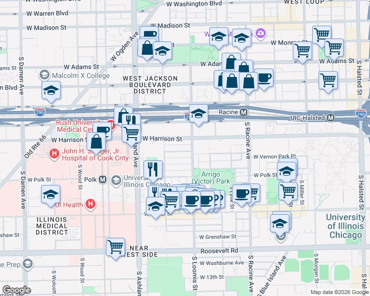 map of restaurants, bars, coffee shops, grocery stores, and more near 1412 West Flournoy Street in Chicago