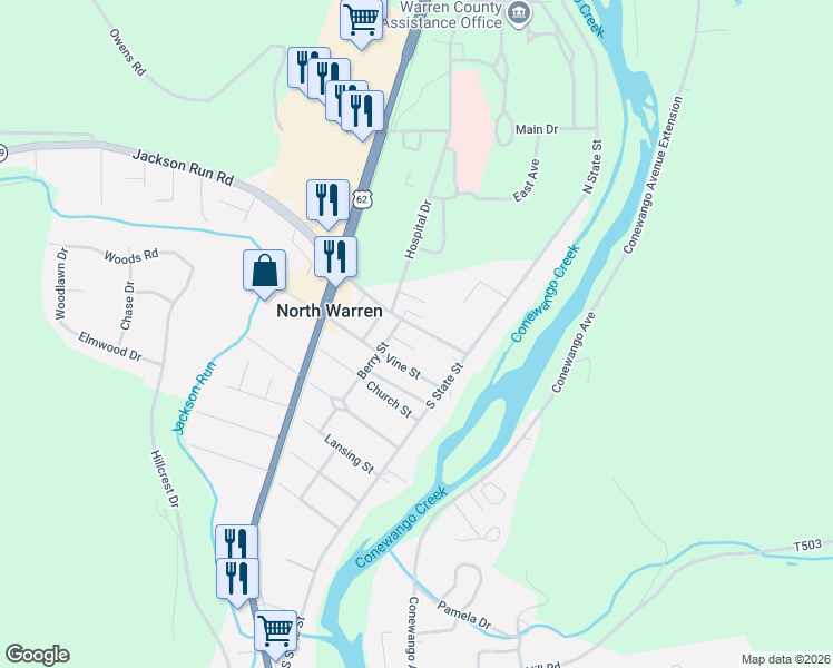 map of restaurants, bars, coffee shops, grocery stores, and more near 20 Jackson Run Road in Warren