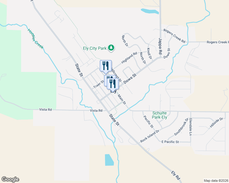 map of restaurants, bars, coffee shops, grocery stores, and more near 1690 Dows Street in Ely