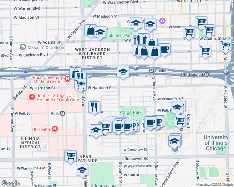 map of restaurants, bars, coffee shops, grocery stores, and more near 601 South Loomis Street in Chicago