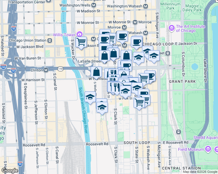 map of restaurants, bars, coffee shops, grocery stores, and more near 619 South LaSalle Street in Chicago