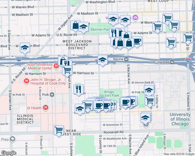 map of restaurants, bars, coffee shops, grocery stores, and more near 601 South Loomis Street in Chicago