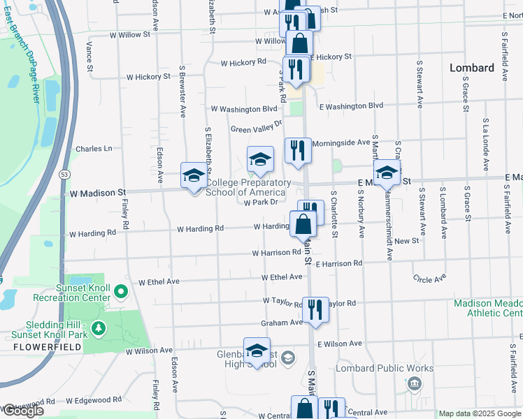 map of restaurants, bars, coffee shops, grocery stores, and more near 55 Yorktown Shopping Center in Lombard