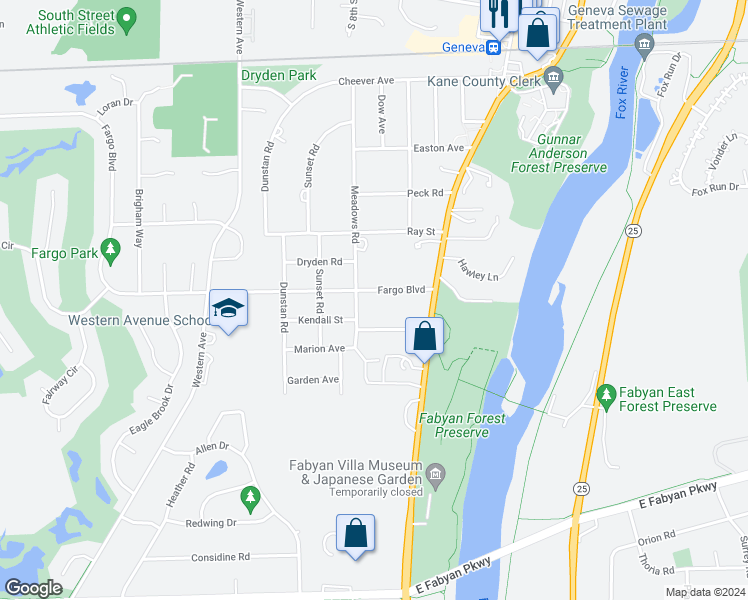 map of restaurants, bars, coffee shops, grocery stores, and more near 726 Fargo Boulevard in Geneva