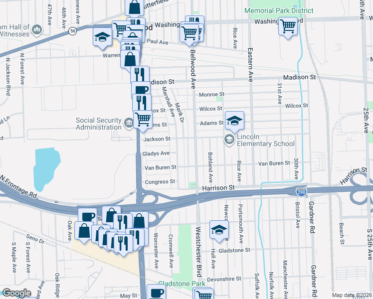 map of restaurants, bars, coffee shops, grocery stores, and more near 1005 Marik Drive in Bellwood