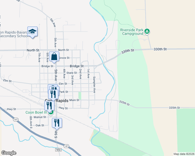 map of restaurants, bars, coffee shops, grocery stores, and more near 323 Sumpter Avenue in Coon Rapids